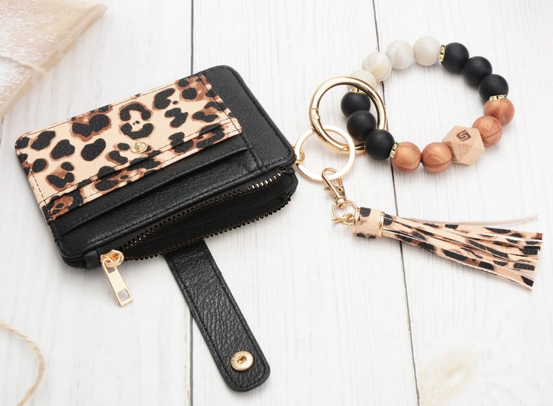 COOLANS Wristlet Bracelet Keychain Card Holder Card Pocket PU Leather Purse Tassel Keychain Bangle Key Ring for Women Girls (Silicone Bead Bracelet+Card Purse (Black Leopard)) - Image 4